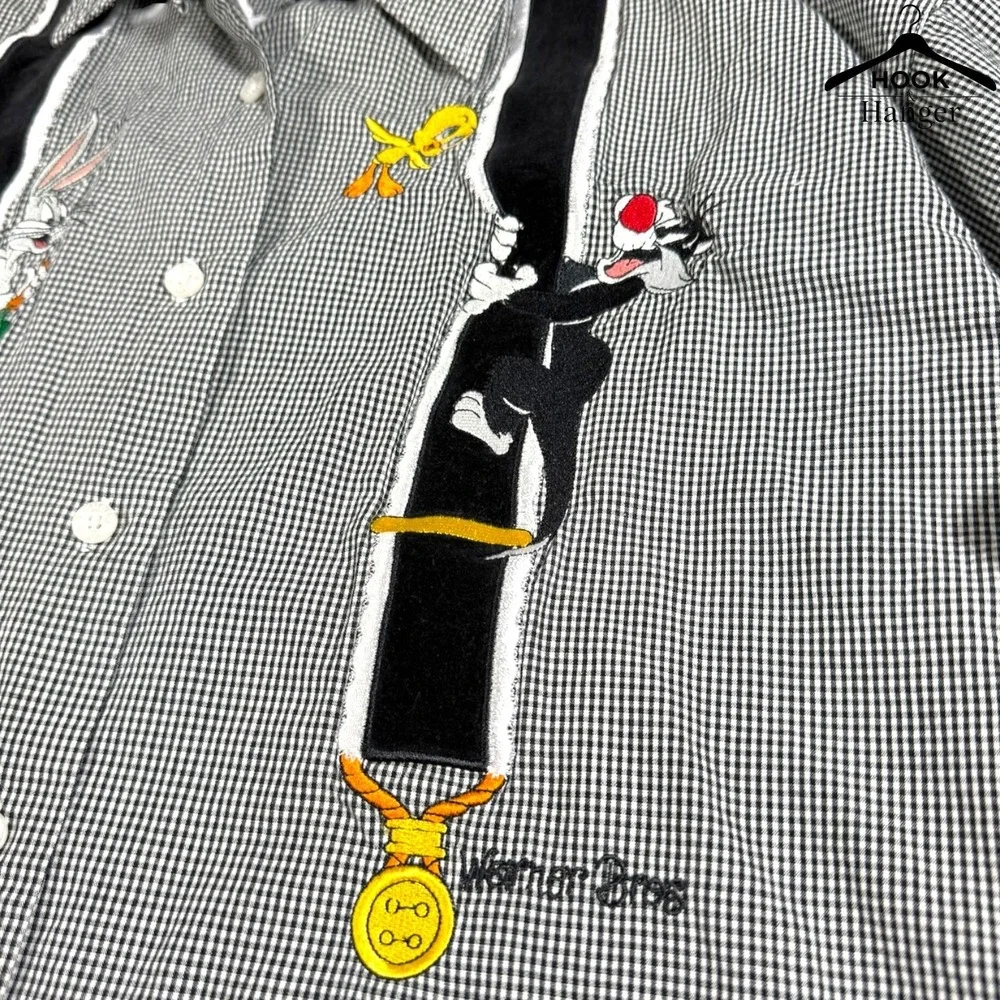 Vintage Warner Bros Looney Tunes Shirt XL Black White Gingham 90s Faux Suspender - Picture 6 of 13